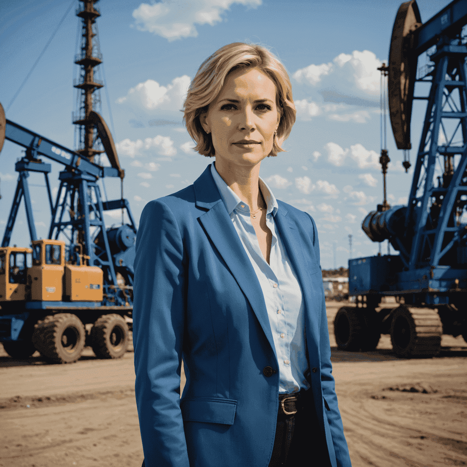 Portrait of Sarah Thompson, an experienced oil trader with short blonde hair, wearing a professional blue blazer, standing in front of oil derricks