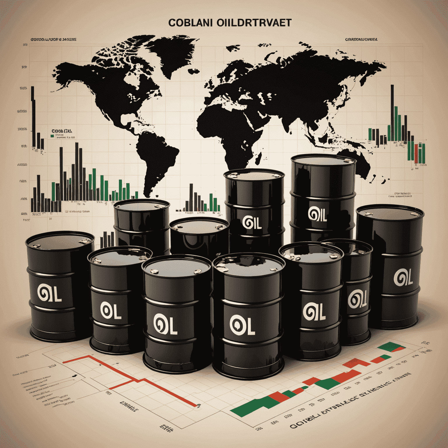 Illustration of global oil market with barrels, stock charts, and key players represented by icons