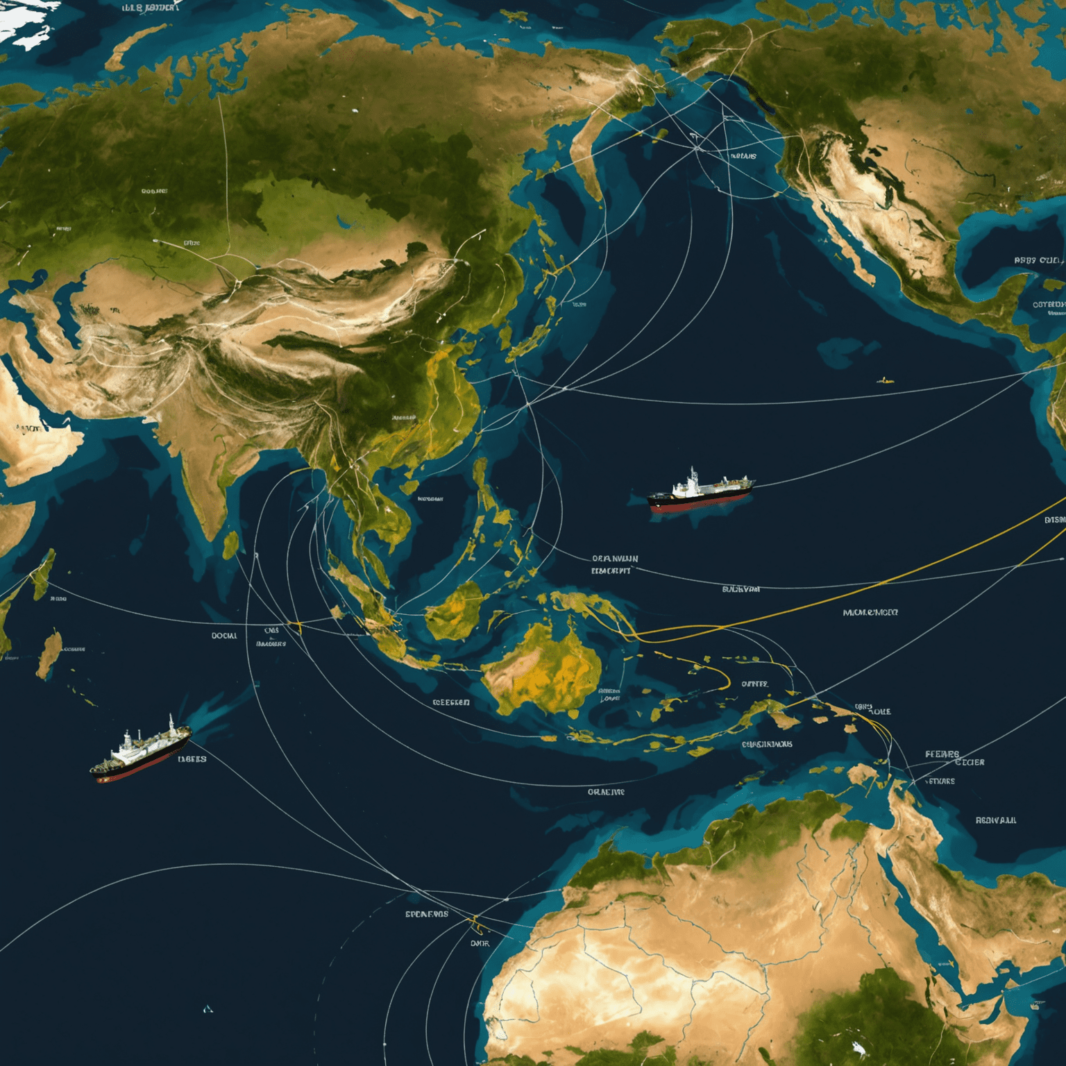 A dynamic visualization of global oil trade routes, showing tankers moving across oceans, with major oil-producing and consuming countries highlighted