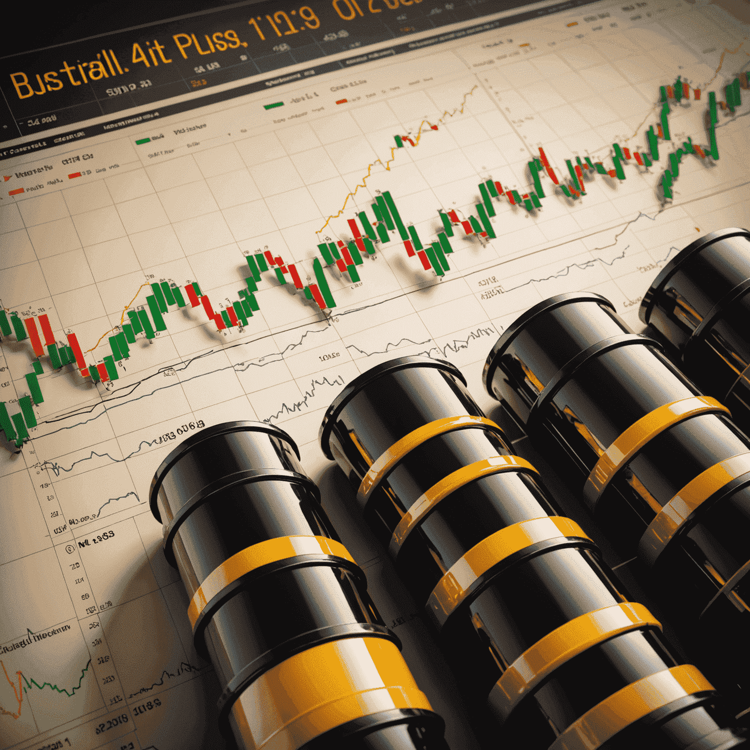 Oil trading chart with rising trend line and oil barrels in the background