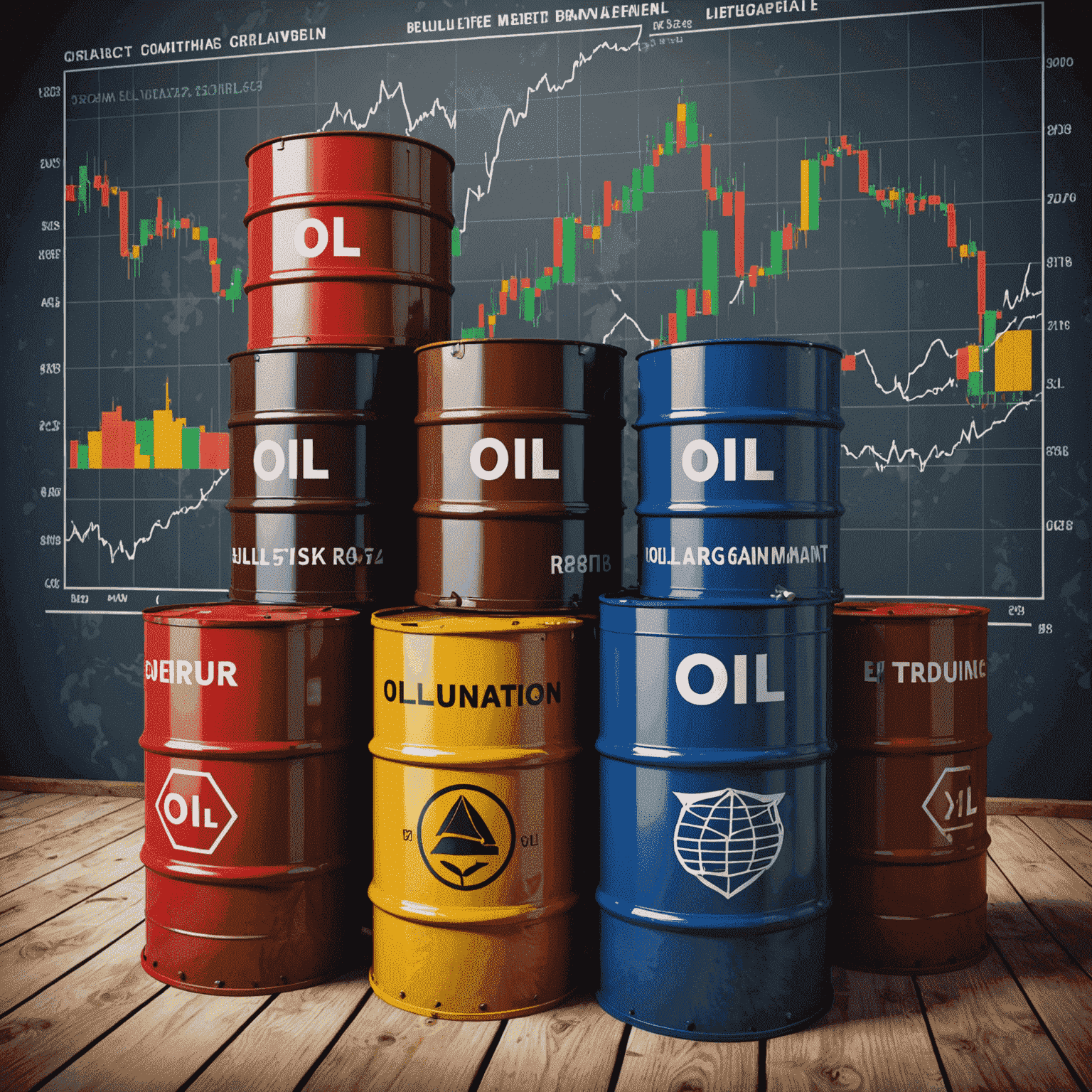 Illustration of oil barrels with financial charts and risk management symbols overlaid, representing the complex world of oil trading risk management