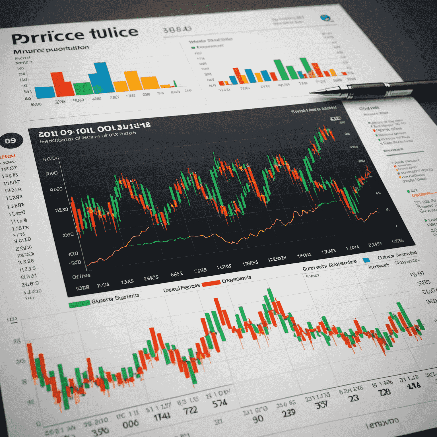 A dynamic chart showing oil price trends over time, with clear upward and downward movements, various technical indicators, and annotations highlighting key events affecting oil prices