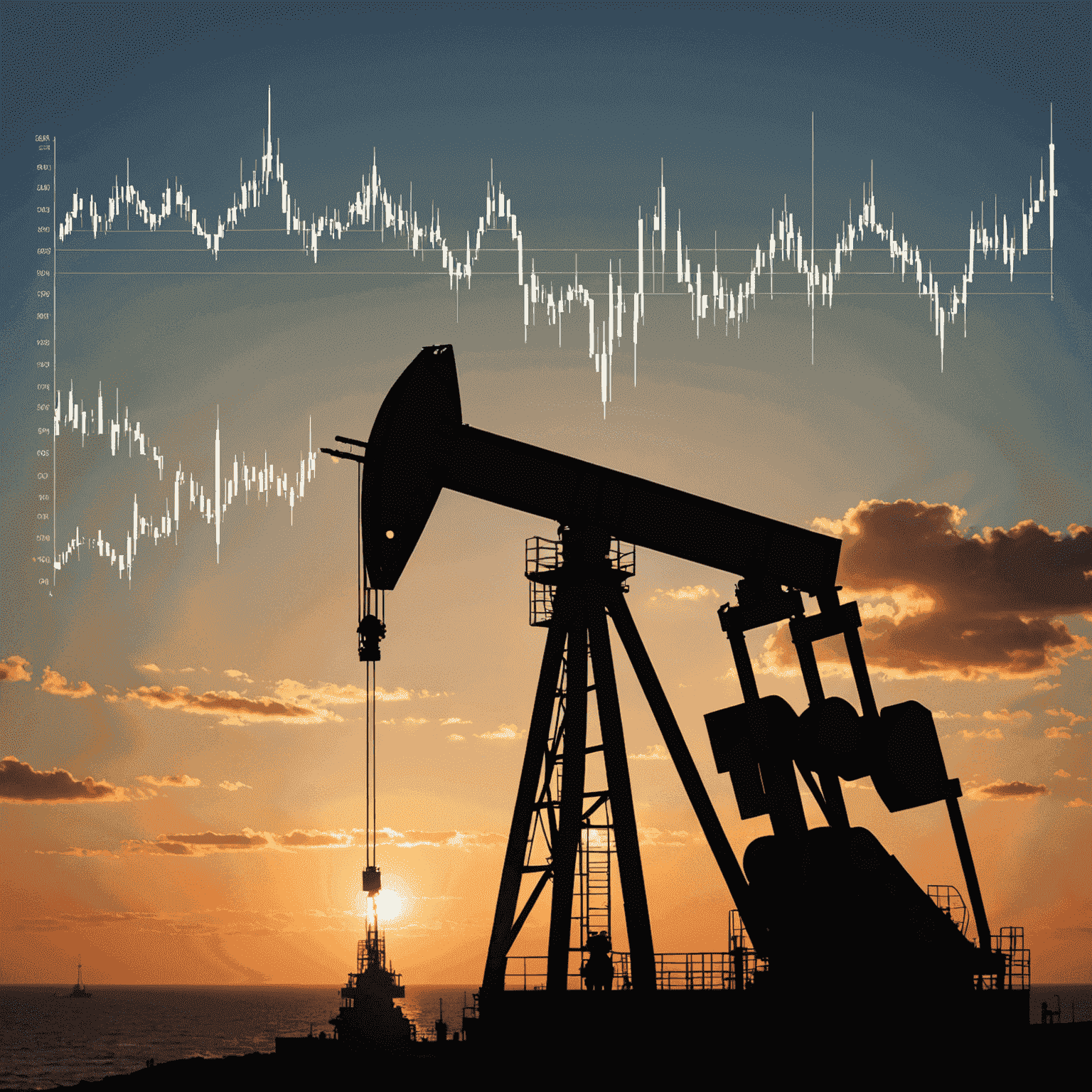 Oil rig silhouette against a sunset sky with stock market graph overlay, representing oil ETFs and passive income