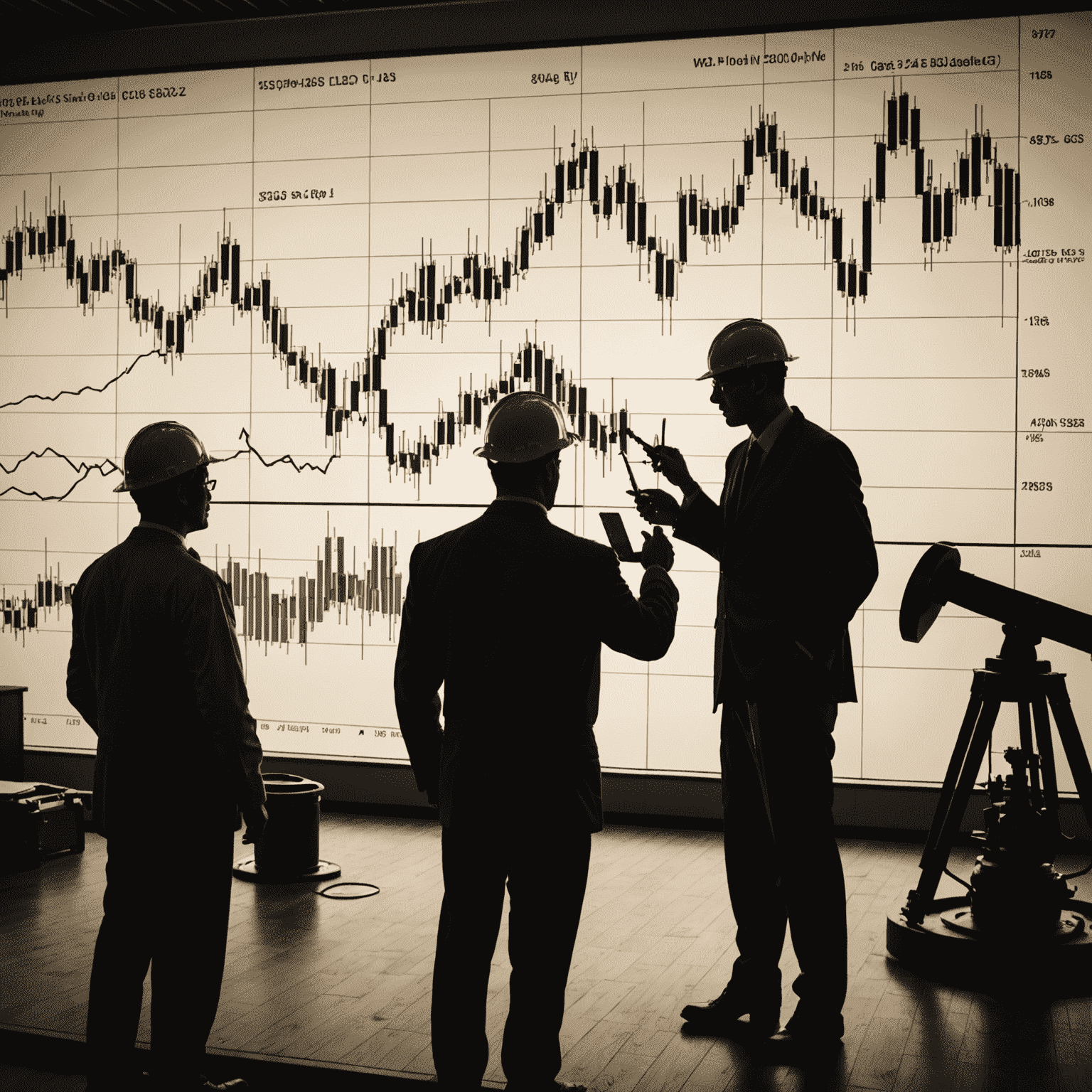 Visual representation of oil trading strategies with graphs, charts, and trader silhouettes