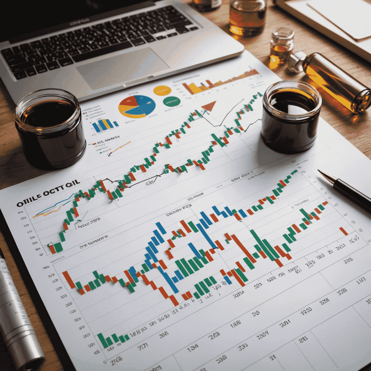 A series of charts and graphs showcasing different oil trading strategies, with arrows indicating entry and exit points