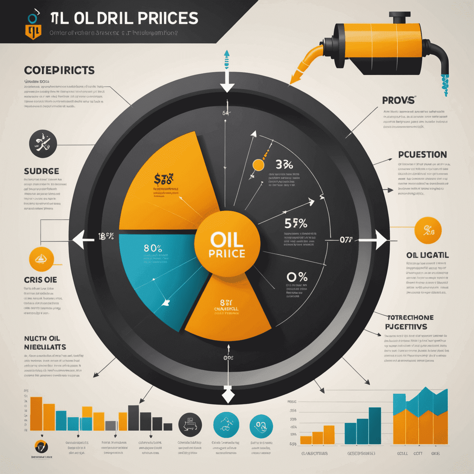 An infographic showing various factors influencing oil prices, with arrows indicating positive or negative impacts on a central oil barrel icon