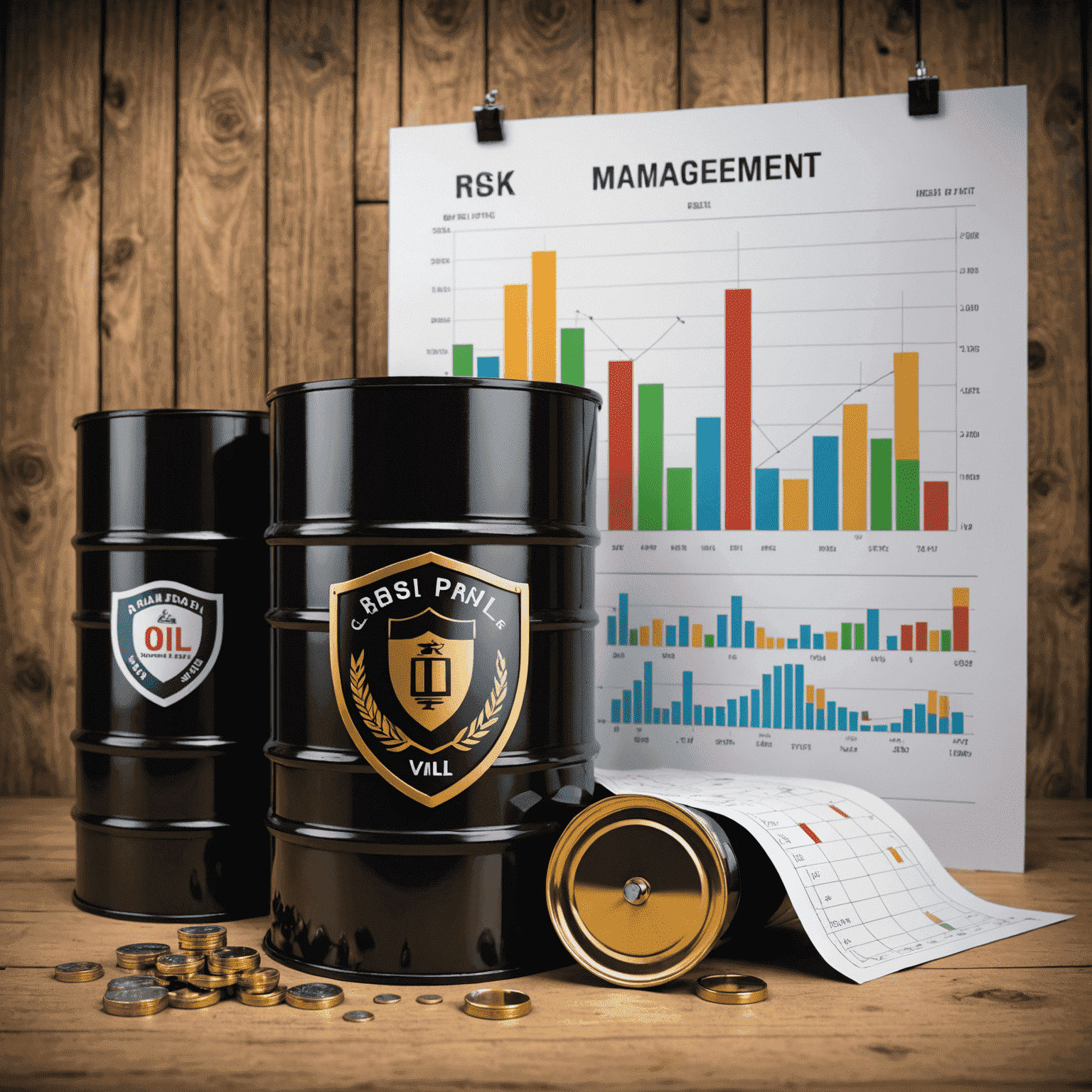 Conceptual image of risk management in oil trading with shield, oil barrel, and financial charts