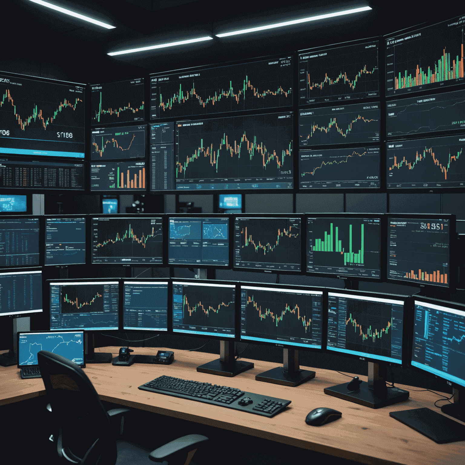 A futuristic trading desk setup with multiple screens displaying oil market data, price charts, and trading algorithms