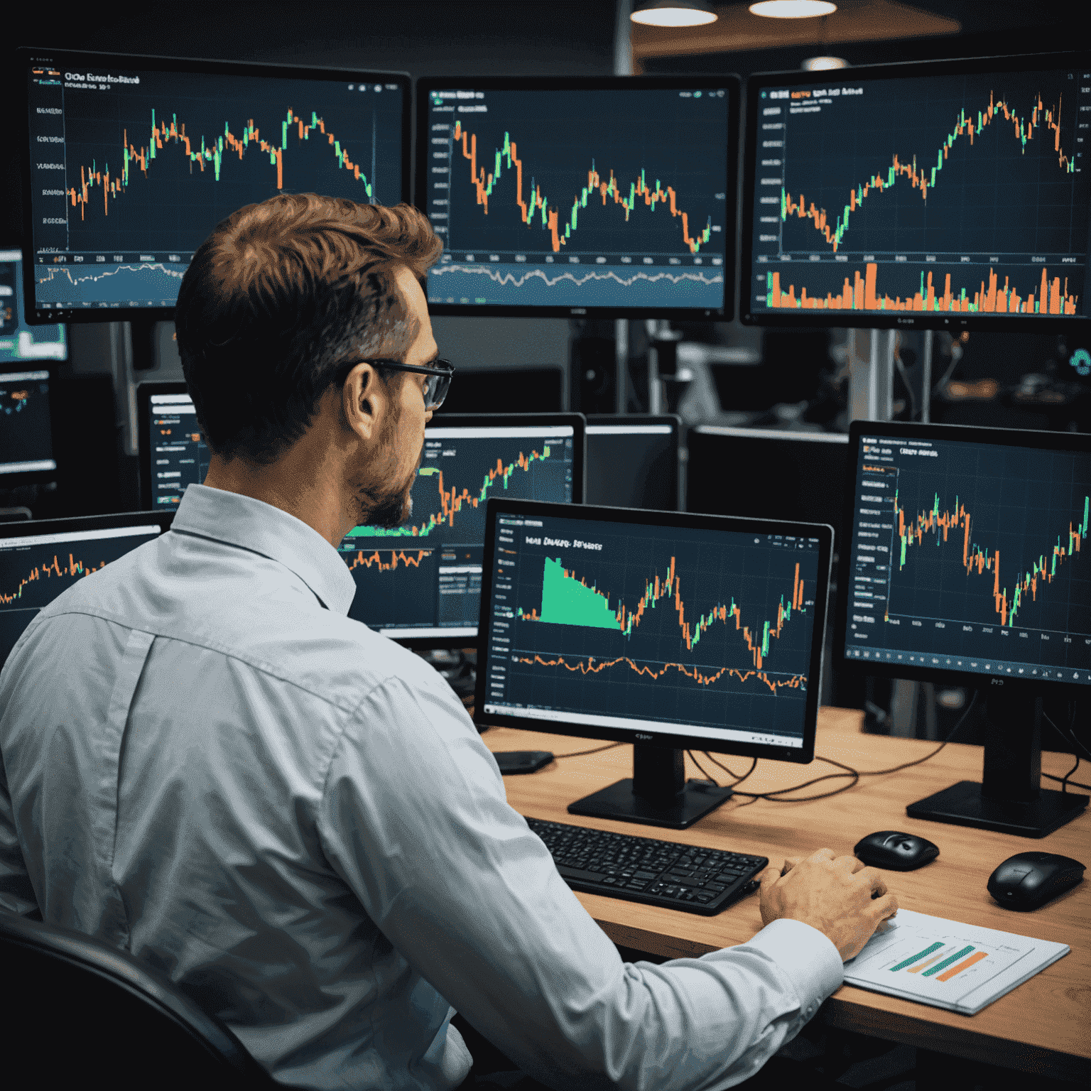 Trader analyzing multiple screens with oil price charts and news feeds