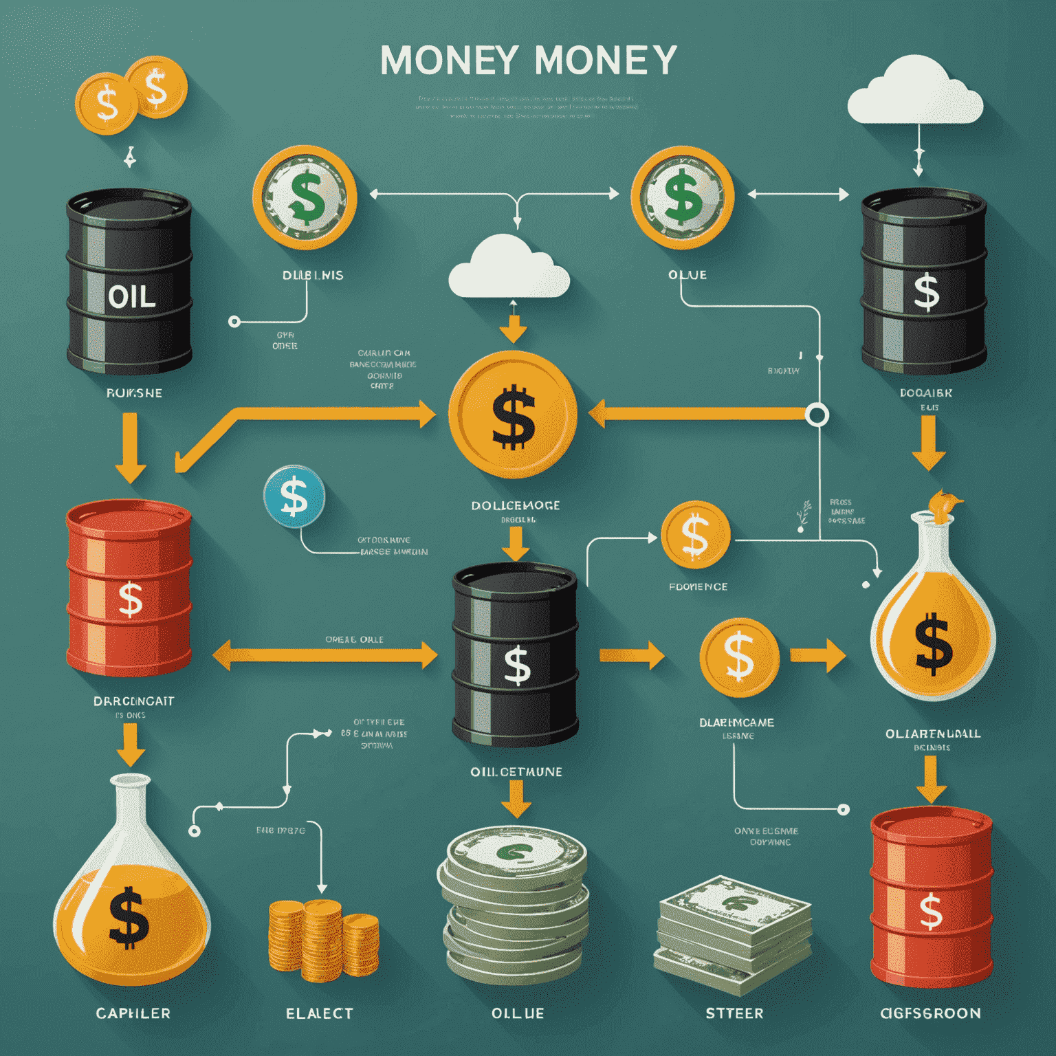 A diagram showing the flow of money from oil ETFs to a passive income stream, with dollar signs and oil barrel icons